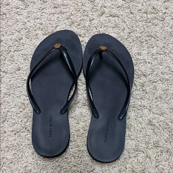 Tory Burch Shoes - Tory Burch Black Sandals with Gold Logo size 7